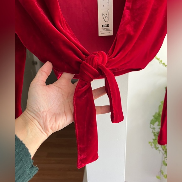 MINKPINK Red Midnight Hour Velvet Long Sleeve Front Tie Crop Top NWT - Picture 4 of 7